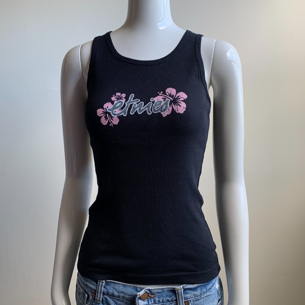 Etnies skate black cotton ribbed tank top pink floral logo